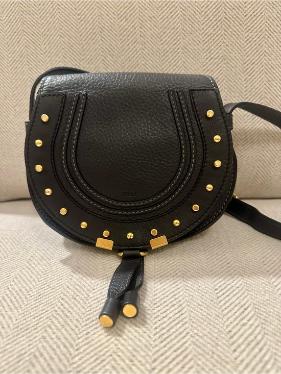 Chloe Handbags - Chloé Midnight Navy Leather Small Marcie Saddle Crossbody with Gold Studs
